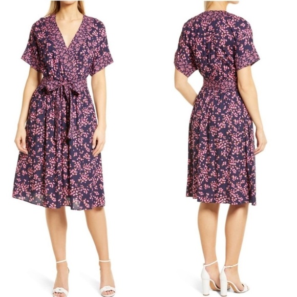 Draper James Martina faux‎ wrap Midi Dress Navy Cherry Blossom size L - Picture 1 of 10